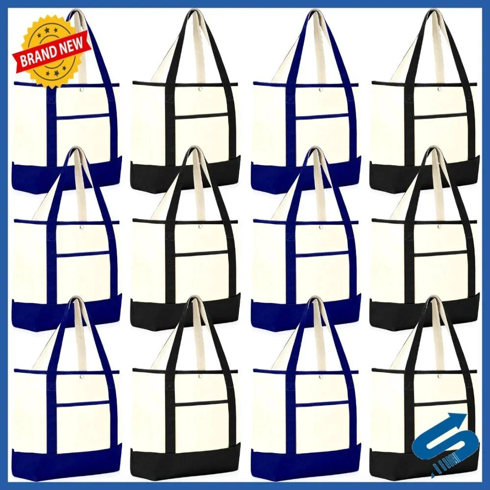 Canvas Tote Bags Bulk Pack Reusable Shopping Bags with Pockets Handles
